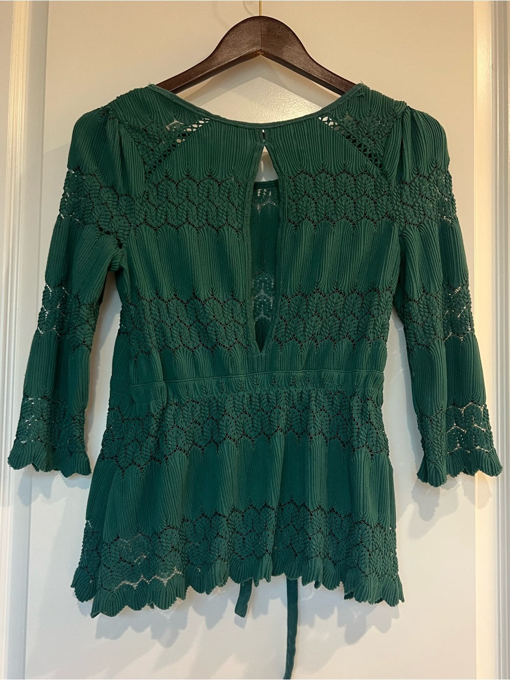 FP Fire Island Green Crochet Lace 3/4 Sleeve Blouse XS Drawstring Waist Boho - Picture 3 of 7
